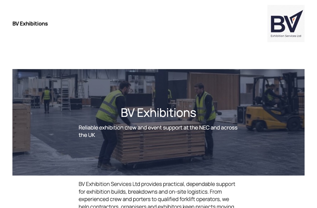 Homepage of bvexhibitions.co.uk — exhibition crew moving stand materials at the NEC